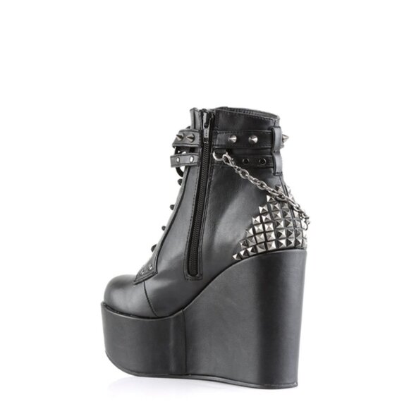 Poison 101 Pentagram Cross Chain 5" Wedge Heel Studded Goth Ankle Boots - Picture 11 of 12